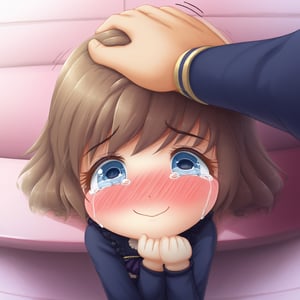 cute girl, shy smile, headpat, blushing, pov hands, head pat, tears in corner of eyes