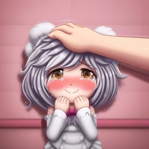 cute adorable girl, shy smile, headpat, blushing, pov hands, head pat, tears in corner of eyes