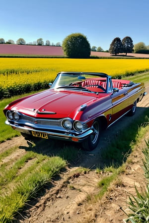 score_9, score_8_up, score_7_up, , BREAK 
Classic 60's car, cherry red, convertible, beautiful sunny day, parked in a field