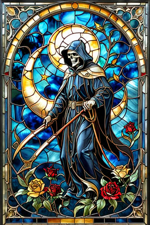 A stunning stained glass artwork. At its center, there's a grim reaper with intricately scythe, set against a deep blue backdrop. Crescent moon overhead, black robes, black roses underfoot