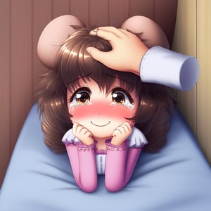 cute adorable girl, shy smile, headpat, blushing, pov hands, head pat, tears in corner of eyes