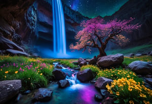 Realistic photograph of  the River of Eternity, an awesome cosmic Aurora nebula starfall river meandering through the fantastical Cavern of Luminous Wonder, filled with life,captured with a Canon EOS R6 Mark II and a 35mm f/2.8 lens, natural light. Crystalline flowers grow alongside iridescent gemstone boulders, surrounded by vibrant multi-colored flowers and tall grass, as a huge waterfall spews forth a column of multicolored light, and the Tree of Life glows in the center, the life-apples (the fruit of ambrosia) glimmers between the leaves. The river is filled with cosmic Aurora nebula starfall, the literal River of stars flowing from the Tree of Life. Emphasize the many gemstone boulders, amethyst, sapphire, topaz, ruby, and emerald, the gemstones glow and deliver serene radiance to the cavern in this vibrant nightshot, dark HDR skyline. gorgeous landscape photography, aesthetic stellar photography, vivacious, captivating and enigmatic, artistic and elegant, very detailed, high resolution digital photography, soft illumination, backlighting, professional color grading, perfectly clear, fireflies swarming in the distance