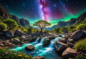 Realistic photograph of  the River of Eternity, an awesome cosmic Aurora nebula starfall river meandering through the fantastical Cavern of Luminous Wonder, filled with life,captured with a Canon EOS R6 Mark II and a 35mm f/2.8 lens, natural light. Crystalline flowers grow alongside iridescent gemstone boulders, surrounded by vibrant multi-colored flowers and tall grass, as a huge waterfall spews forth a column of multicolored light, and the Tree of Life glows in the center, the life-apples (the fruit of ambrosia) glimmers between the leaves. The river is filled with cosmic Aurora nebula starfall, the literal River of stars flowing from the Tree of Life. Emphasize the many gemstone boulders, amethyst, sapphire, topaz, ruby, and emerald, the gemstones glow and deliver serene radiance to the cavern in this vibrant nightshot, dark HDR skyline. gorgeous landscape photography, aesthetic stellar photography, vivacious, captivating and enigmatic, artistic and elegant, very detailed, high resolution digital photography, soft illumination, backlighting, professional color grading, perfectly clear, fireflies swarming in the distance