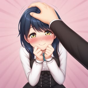 cute girl, shy smile, headpat, blushing, pov hands, head pat