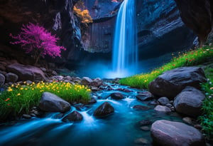 Realistic photograph of  the River of Eternity, an awesome cosmic Aurora nebula starfall river meandering through the fantastical Cavern of Luminous Wonder, filled with life,captured with a Canon EOS R6 Mark II and a 35mm f/2.8 lens, natural light. Crystalline flowers grow alongside iridescent gemstone boulders, surrounded by vibrant multi-colored flowers and tall grass, as a huge waterfall spews forth a column of multicolored light, and the Tree of Life glows in the center, the life-apples (the fruit of ambrosia) glimmers between the leaves. The river is filled with cosmic Aurora nebula starfall, the literal River of stars flowing from the Tree of Life. Emphasize the many gemstone boulders, amethyst, sapphire, topaz, ruby, and emerald, the gemstones glow and deliver serene radiance to the cavern in this vibrant nightshot, dark HDR skyline. gorgeous landscape photography, aesthetic stellar photography, vivacious, captivating and enigmatic, artistic and elegant, very detailed, high resolution digital photography, soft illumination, backlighting, professional color grading, perfectly clear, 