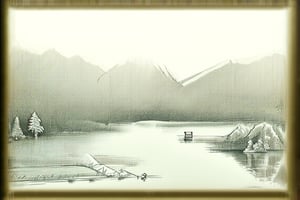 A peaceful lakeside village, depicted in a pencil sketch with mountains in the background. Trees and a small cabin sit near the water, with ducks floating on the lake. Soft shading brings out the details of the mountains, trees, and water reflections, creating a serene and detailed composition. The sketch is framed to capture the tranquil atmosphere and natural beauty of the scene.