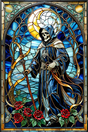 A stunning stained glass artwork. At its center, there's a grim reaper with intricately scythe, set against a deep blue backdrop. Crescent moon overhead, black robes, ((black roses)) 