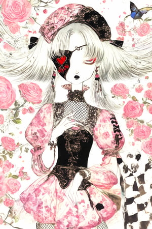 maximum Kitsch and chaos shoujyo manga style,
1goth girl,sickness, ultra cute Harajuku Style grunge fashion, somber black fairy Lolita themes, albino demon girl,(pure white Extreme long hair),(red sclera;1.2),luxury mesh fishnet blouse,dal-1,ct-niji2, watercolor \(medium\), black heart shaped eye patch