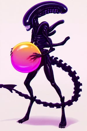 zhibi,Xenomorph, smoll cute xenomorph, holding gigantic colorful ball, pink bow around neck