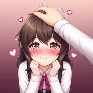 cute girl, shy smile, headpat, blushing, pov hands, head pat, heart emote