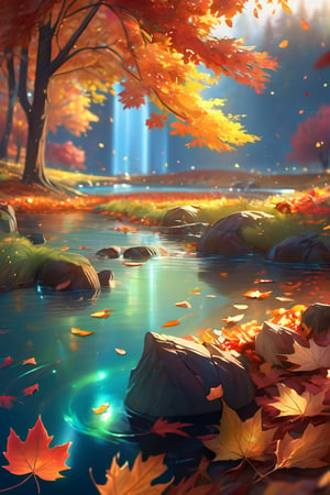 ((masterpiece, best quality)),(complex light),trending, high quality, realistic, intricate detailed, graceful and beautiful textures, 16K,aurora light,very bright view,Autumn style,cozy atmosphere, daytime sky,dancing autumn leaves, pixiv,fun,beautiful background, reflection, hologram,depth of field,fantastical elements,fantasy,noc-landscape,noc-detail,niji,Landscape,Nature,Design