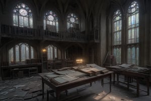 old abandoned library, two levels, dirty stained glass windows, light shaft illuminating long table with old book opened on top