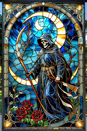 A stunning stained glass artwork. At its center, there's a grim reaper with intricately scythe, set against a deep blue backdrop. Crescent moon overhead, black robes, black roses underfoot