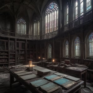 old abandoned library, two levels, dirty stained glass windows, light shaft illuminating long table with old book opened on top