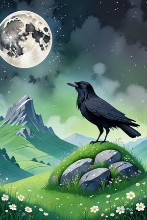 A black crow sitting on top of a stone in a beautiful green field, behind it a mighty grey mountain, the full moon shines between the stones, the grown is filled with little flowers and mushrooms 
vintage, light particles, beautiful, ethereal, mystical, texture, whimsical, atmospheric,
 illustration,FRESHIDEAS landscape