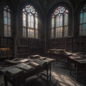 old abandoned library, two levels, dirty stained glass windows, light shaft illuminating long table with old book opened on top