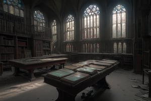 old abandoned library, two levels, dirty stained glass windows, light shaft illuminating long table with old book opened on top