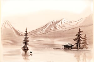 A peaceful lakeside village, depicted in a pencil sketch with mountains in the background. Trees and a small cabin sit near the water, with ducks floating on the lake. Soft shading brings out the details of the mountains, trees, and water reflections, creating a serene and detailed composition. The sketch is framed to capture the tranquil atmosphere and natural beauty of the scene.