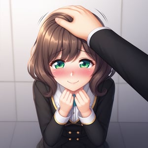 cute girl, shy smile, headpat, blushing, pov hands, head pat