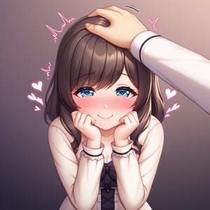 cute girl, shy smile, headpat, blushing, pov hands, head pat, heart emote