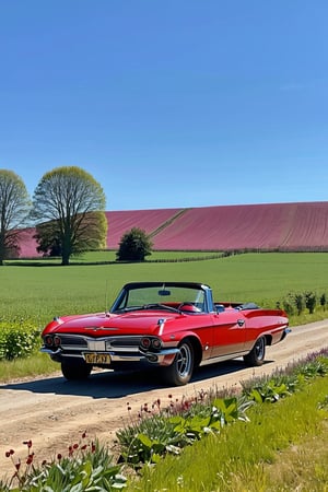 score_9, score_8_up, score_7_up, , BREAK 
Classic 60's car, cherry red, convertible, beautiful sunny day, parked in a field