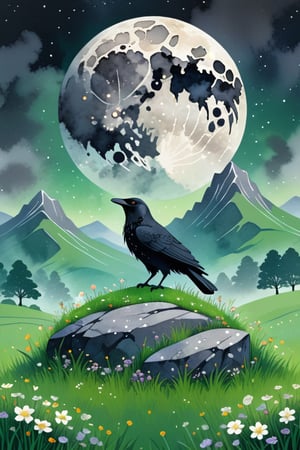 A black crow sitting on top of a stone in a beautiful green field, behind it a mighty grey mountain, the full moon shines between the stones, the grown is filled with little flowers and mushrooms 
vintage, light particles, beautiful, ethereal, mystical, texture, whimsical, atmospheric,
 illustration,FRESHIDEAS landscape