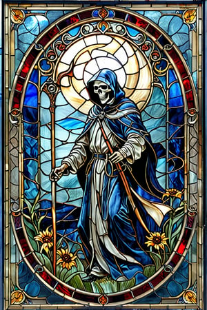 A stunning stained glass artwork. At its center, there's a grim reaper with intricately scythe, set against a deep blue backdrop.