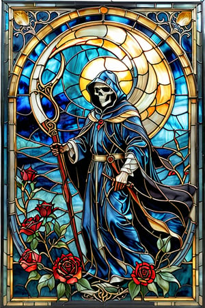 A stunning stained glass artwork. At its center, there's a grim reaper with intricately scythe, set against a deep blue backdrop. Crescent moon overhead, black robes, black roses underfoot