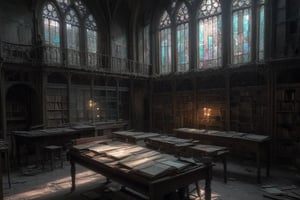 old abandoned library, two levels, dirty stained glass windows, light shaft illuminating long table with old book opened on top