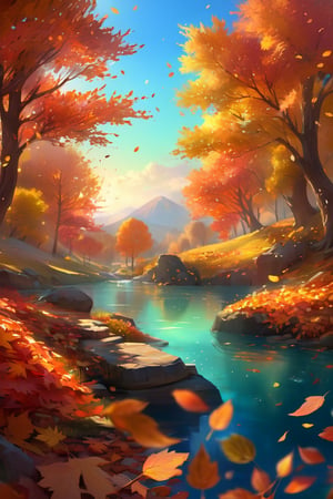 ((masterpiece, best quality)),(complex light),trending, high quality, realistic, intricate detailed, graceful and beautiful textures, 16K,aurora light,very bright view,Autumn style,cozy atmosphere, daytime sky,dancing autumn leaves, pixiv,fun,beautiful background, reflection, hologram,depth of field,fantastical elements,fantasy,noc-landscape,noc-detail,niji,Landscape,Nature,Design