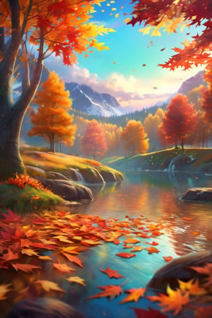 ((masterpiece, best quality)),(complex light),trending, high quality, realistic, intricate detailed, graceful and beautiful textures, 16K,aurora light,very bright view,Autumn style,cozy atmosphere, daytime sky,dancing autumn leaves, pixiv,fun,beautiful background, reflection, hologram,depth of field,fantastical elements,fantasy,noc-landscape,noc-detail,niji,Landscape,Nature,Design