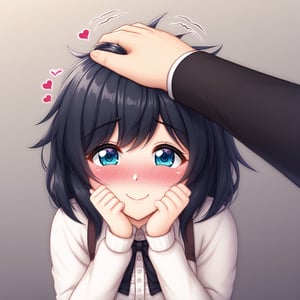 cute girl, shy smile, headpat, blushing, pov hands, head pat, heart emote