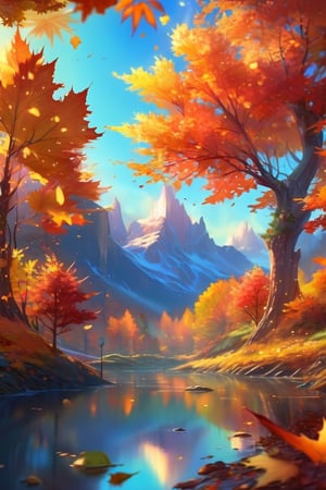 ((masterpiece, best quality)),(complex light),trending, high quality, realistic, intricate detailed, graceful and beautiful textures, 16K,aurora light,very bright view,Autumn style,cozy atmosphere, daytime sky,dancing autumn leaves, pixiv,fun,beautiful background, reflection, hologram,depth of field,fantastical elements,fantasy,noc-landscape,noc-detail,niji,Landscape,Nature,Design