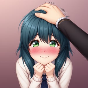 cute girl, shy smile, headpat, blushing, pov hands, head pat