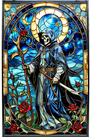 A stunning stained glass artwork. At its center, there's a grim reaper with intricately scythe, set against a deep blue backdrop. Crescent moon overhead, black robes, ((black roses)) 