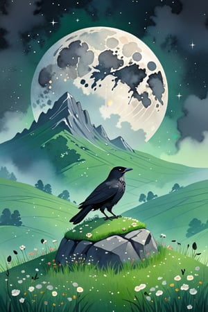 A black crow sitting on top of a stone in a beautiful green field, behind it a mighty grey mountain, the full moon shines between the stones, the grown is filled with little flowers and mushrooms 
vintage, light particles, beautiful, ethereal, mystical, texture, whimsical, atmospheric,
 illustration,FRESHIDEAS landscape