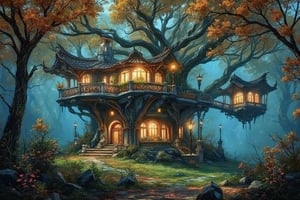 Forest settlement with tree houses atop the large autumn oaks, filigree otherwordly architecture, bright lights, smudge, splash, stain, watercolor, alphonse mucha, rococo, iridescent, whimsical, hd fine art, concept art, fantasy art, unreal engine, colorful, intricate, elaborate, volumetric lighting, 8K, ultra hd, realistic, vivid colors, highly detailed, UHD drawing, pen and ink, perfect composition, beautiful detailed intricate insanely detailed octane render trending on artstation, 8k artistic photography, photorealistic concept art, soft natural volumetric cinematic perfect light, perfect composition, beautiful detailed intricate insanely detailed octane render trending on artstation, 8 k artistic photography, photorealistic concept art, soft natural volumetric cinematic perfect light
