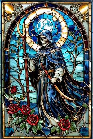 A stunning stained glass artwork. At its center, there's a grim reaper with intricately scythe, set against a deep blue backdrop. Crescent moon overhead, black robes, ((black roses)) 