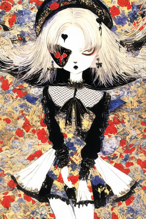 maximum Kitsch and chaos shoujyo manga style,
1goth girl,sickness, ultra cute Harajuku Style grunge fashion, somber black fairy Lolita themes, albino demon girl,(pure white Extreme long hair),(red sclera;1.2),luxury mesh fishnet blouse,dal-1,ct-niji2, watercolor \(medium\), black heart shaped eye patch