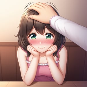 cute girl, shy smile, headpat, blushing, pov hands, head pat