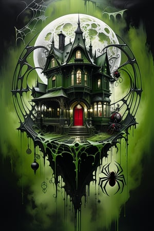 Ultra-wide-angle, photorealistic medieval gothic steam punk shot of an exciting fusion between Spawn and (((A creepy house, spiderweb and a large spider))) in a new character that embodies elements of both, (((spiderwebs))), silver mechanical gears in the background, people, see. Black and Olive green, light, green and red, ink Flow - 8k Resolution Photorealistic Masterpiece - by Aaron Horkey and Jeremy Mann - Intricately Detailed. fluid gouache painting: by Jean Baptiste Mongue: calligraphy: acrylic: colorful watercolor, cinematic lighting, maximalist photoillustration: by marton bobzert: 8k resolution concept art, intricately detailed realism, complex, elegant, expansive, fantastical and psychedelic, dripping paint , in the chasm of the empire estate, night, the moon, buildings, reflections, wings, and other elements need to stay in frame,(isolate object)