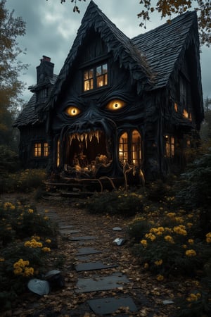 A dark fantasy scene of a monstrous house with twisted walls and windows, incorporating golden flowers that emit an eerie glow. Golden vines snake out from the house, pulling in innocent people as they struggle against the chaotic force. The house’s maw-like entrance is wide open, swallowing those caught in its grasp. The scene is filled with total mess and chaos, with overturned furniture, scattered debris, and terrified expressions. The golden flowers glow eerily, casting shadows across the scene, contrasting against the dark, overcast atmosphere, adding to the unsettling and nightmarish feel,Monster House,QuantumDynasty,Fantasy detailers 