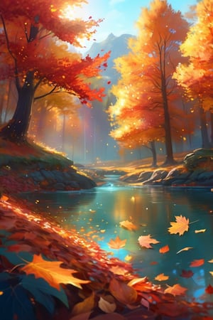 ((masterpiece, best quality)),(complex light),trending, high quality, realistic, intricate detailed, graceful and beautiful textures, 16K,aurora light,very bright view,Autumn style,cozy atmosphere, daytime sky,dancing autumn leaves, pixiv,fun,beautiful background, reflection, hologram,depth of field,fantastical elements,fantasy,noc-landscape,noc-detail,niji,Landscape,Nature,Design