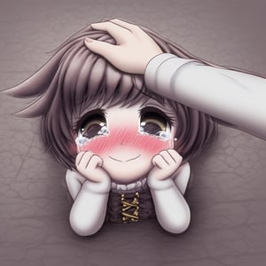 cute girl, shy smile, headpat, blushing, pov hands, head pat, tears in corner of eyes