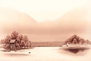 A peaceful lakeside village, depicted in a pencil sketch with mountains in the background. Trees and a small cabin sit near the water, with ducks floating on the lake. Soft shading brings out the details of the mountains, trees, and water reflections, creating a serene and detailed composition. The sketch is framed to capture the tranquil atmosphere and natural beauty of the scene.