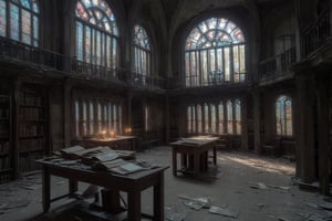 old abandoned library, two levels, dirty stained glass windows, light shaft illuminating long table with old book opened on top