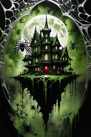 Ultra-wide-angle, photorealistic medieval gothic steam punk shot of an exciting fusion between Spawn and (((A creepy house, spiderweb and a large spider))) in a new character that embodies elements of both, (((spiderwebs))), silver mechanical gears in the background, people, see. Black and Olive green, light, green and red, ink Flow - 8k Resolution Photorealistic Masterpiece - by Aaron Horkey and Jeremy Mann - Intricately Detailed. fluid gouache painting: by Jean Baptiste Mongue: calligraphy: acrylic: colorful watercolor, cinematic lighting, maximalist photoillustration: by marton bobzert: 8k resolution concept art, intricately detailed realism, complex, elegant, expansive, fantastical and psychedelic, dripping paint , in the chasm of the empire estate, night, the moon, buildings, reflections, wings, and other elements need to stay in frame,(isolate object)