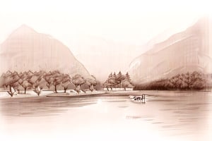 A peaceful lakeside village, depicted in a pencil sketch with mountains in the background. Trees and a small cabin sit near the water, with ducks floating on the lake. Soft shading brings out the details of the mountains, trees, and water reflections, creating a serene and detailed composition. The sketch is framed to capture the tranquil atmosphere and natural beauty of the scene.