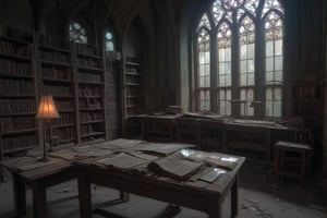 old abandoned library, two levels, dirty stained glass windows, light shaft illuminating long table with old book opened on top