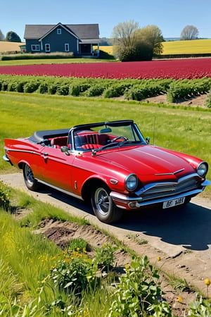 score_9, score_8_up, score_7_up, , BREAK 
Classic 60's car, cherry red, convertible, beautiful sunny day, parked in a field